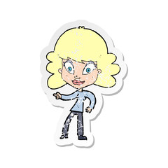 retro distressed sticker of a cartoon woman pointing