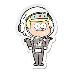 distressed sticker of a happy astronaut cartoon