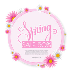 Spring sale banner with paper flowers on a white background.