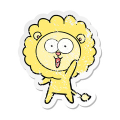 distressed sticker of a happy cartoon lion