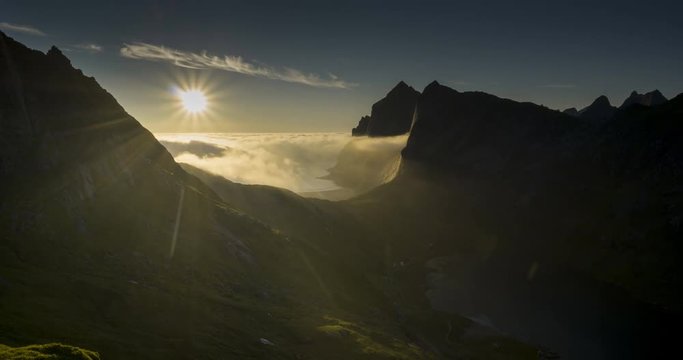 Timelapse of midnight sun over Vindstad and Bunes Beach, Lofoten
