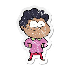distressed sticker of a cartoon happy man