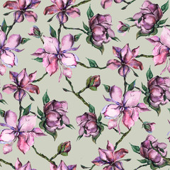 pink watercolor flowers , seamless pattern.