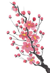 Naklejka premium A branch of a blossoming sakura. Pink and red stylized flowers of plum mei and wild cherry . Watercolor and ink illustration of tree in style sumi-e, go-hua, u-sin. Oriental traditional painting. .