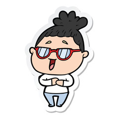 sticker of a cartoon happy woman wearing spectacles