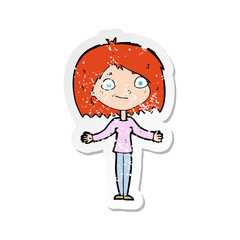 retro distressed sticker of a cartoon woman shrugging shoulders