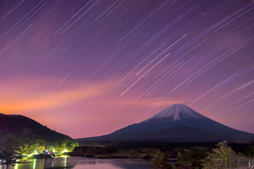 Star trails and Mount Fuji at twilight, the World Heritage, view at Lake Shoji ( Shojiko ). Fuji...
