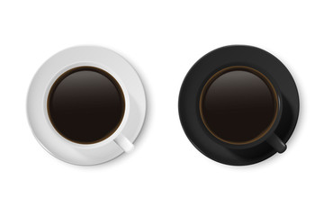 Realistic Vector 3d Glossy Blank White and Black Coffee Cup or Mug Icon Set with Americano, Espresso Closeup Isolated on White Background. Design Template of Coffee Mug or Cup, Mockup. Top View