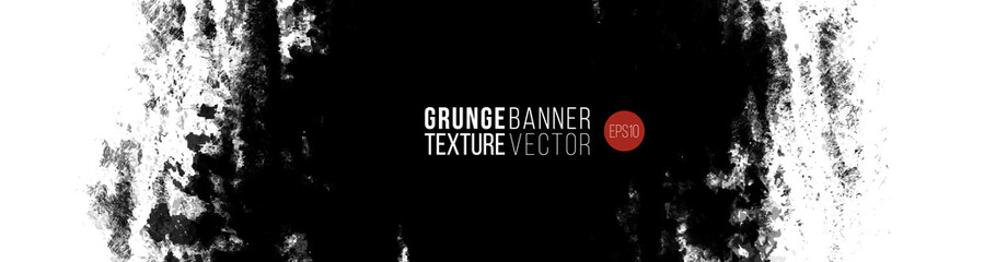 Grungy texture horizontal banner. Vector hand drawn ink brush stain. Grayscale painted stroke. Monochrome artistic backdrop.