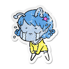 distressed sticker of a cartoon crying alien girl