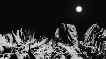 White rocky surface of the unknown planet in black space with white, bright moon on background. Alien planet landscape with sharp cliffs and the absence of life, monochrome.