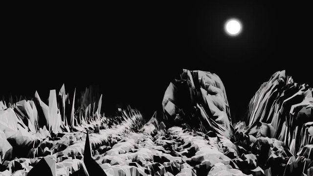 White rocky surface of the unknown planet in black space with white, bright moon on background. Alien planet landscape with sharp cliffs and the absence of life, monochrome.
