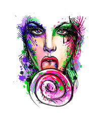 Closeup of sexy young woman, bright lollipop in her hand.