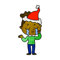 textured cartoon of a crying woman wearing santa hat