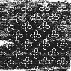 Grunge pattern with line signs of shamrocks. Square black and white backdrop.