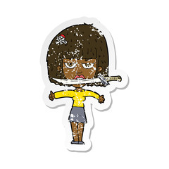 retro distressed sticker of a cartoon woman with knife between teeth