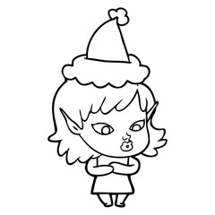 pretty line drawing of a elf girl wearing santa hat