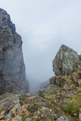 A misty mountain gully  view