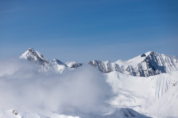 Winter snow covered mountain region Gudauri Caucasus mountains.