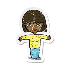 retro distressed sticker of a cartoon woman with open arms