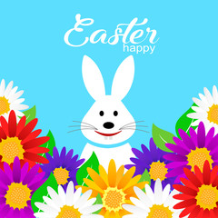 Easter card with rabbit and background with color floral. Vector graphic illustration.