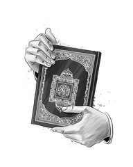 Man hands holds Holy book of Koran. Muslim holiday, Eid Mubarak, Eid al-fitr, Ramadan Kareem. Hand drawn sketch
