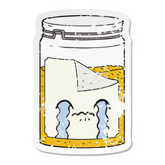 distressed sticker of a cartoon glass jar crying