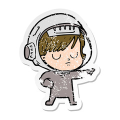 distressed sticker of a cartoon astronaut woman