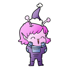 gradient cartoon of a alien girl giggling wearing santa hat