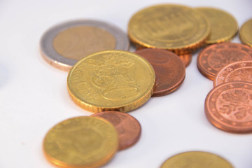 Geld, Münzen, Stapel, Euro, Kupfer, Gold, Währung, Hintergrund, Muster, bokeh