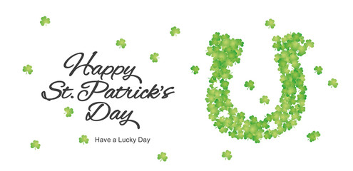 Happy St Patricks Day horseshoe handwritten calligraphy Irish green white greeting card