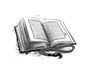 Holy book of Koran with rosary. Muslim holiday, Eid Mubarak, Eid al-fitr, Ramadan Kareem. Hand drawn sketch