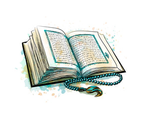 Holy book of Koran with rosary from splash of watercolors. Muslim holiday, Eid Mubarak, Eid al-fitr, Ramadan Kareem. Hand drawn sketch