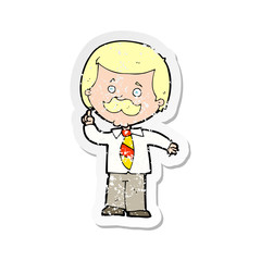 retro distressed sticker of a cartoon newsreader man with idea