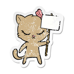 distressed sticker of a cute cartoon cat with sign