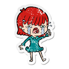 distressed sticker of a cartoon girl crying