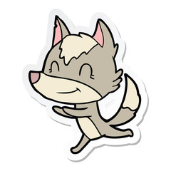 sticker of a friendly cartoon wolf running