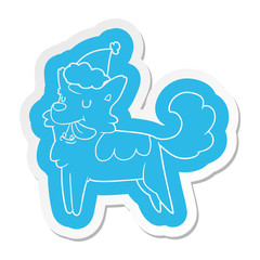 cartoon  sticker of a happy dog wearing santa hat