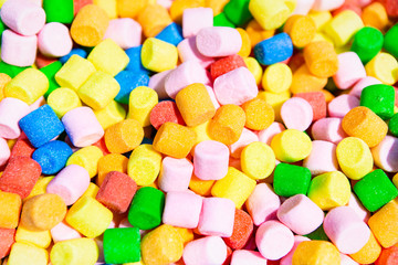 Assorted Colorful Yummy Candies, Sweets Or Marshmallow. Top View, Selective Focus.
