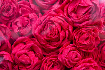 Background Of Red or Pink Paper Roses. Artificial Red Flowers, Selective Focus.