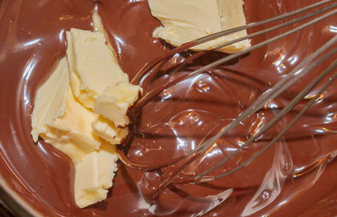 In melted dark chocolate, added butter to prepare the dessert