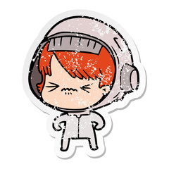 distressed sticker of a angry cartoon space girl