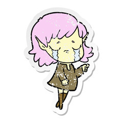 distressed sticker of a cartoon crying elf girl
