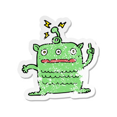 retro distressed sticker of a cartoon weird little alien