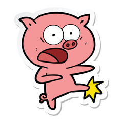 sticker of a cartoon pig shouting and kicking