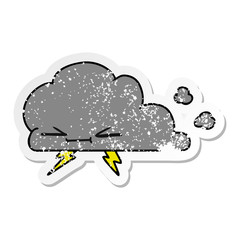 distressed sticker cartoon of a grumpy lightening cloud