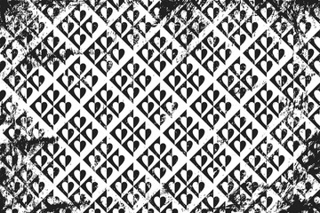 Grunge pattern with geometric icons of hearts. Horizontal black and white backdrop.