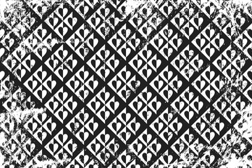 Grunge pattern with geometric icons of hearts. Horizontal black and white backdrop.