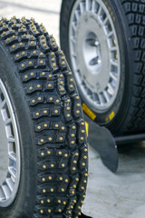 group of studded snow tires for rally for use in winter rally stages