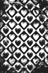 Grunge pattern with circus icons of bubble hearts. Vertical black and white backdrop.